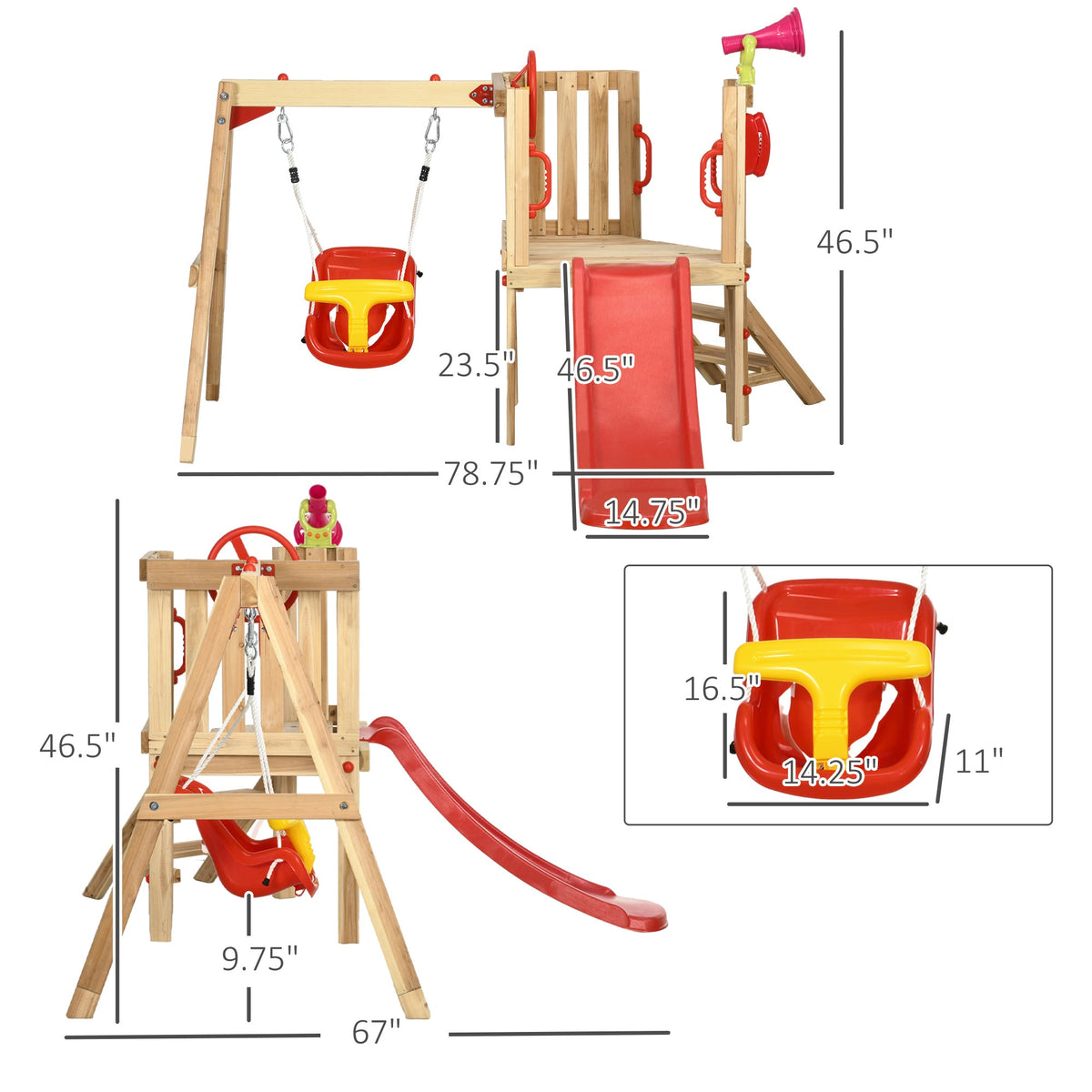 4-in-1 Wooden Swing Set with Swing, Slide, Horn, Steering Wheel, Red