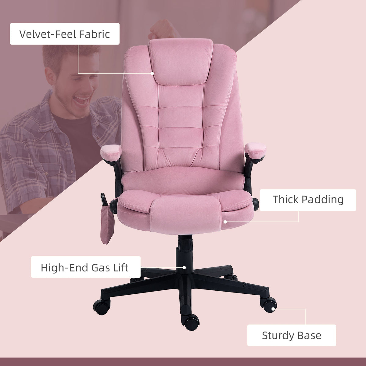 6 Point Executive Office Chair with Heat, Velvet High Back Vibrating Massage Office Chair, Pink