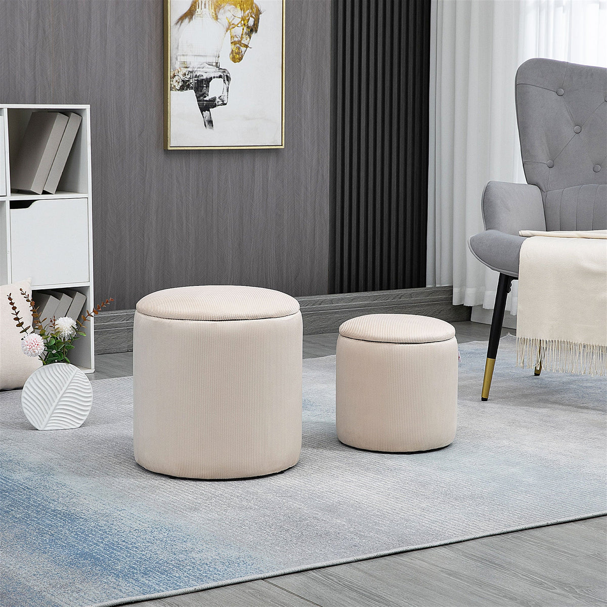 Corduroy Stool, Ottoman with Storage Set of 2, Removable Wood Lid, Hidden Space, Cream White