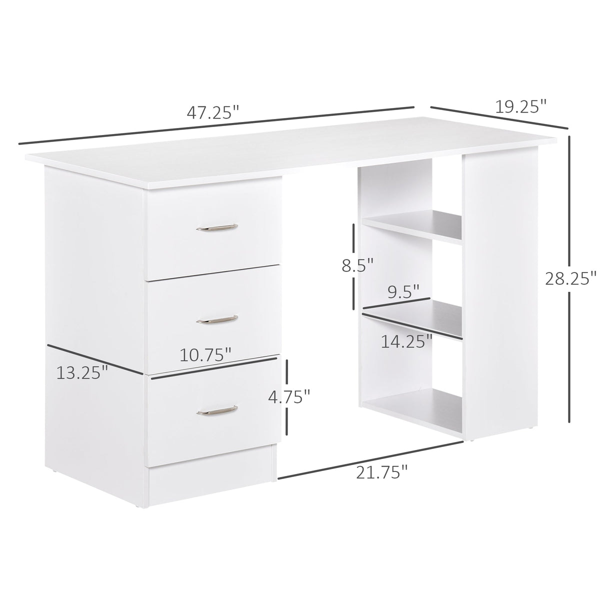 47" Modern Home Office Computer Desk Bookcase Combo Writing Table Workstation with 3 Drawer and Storage Shelf - White