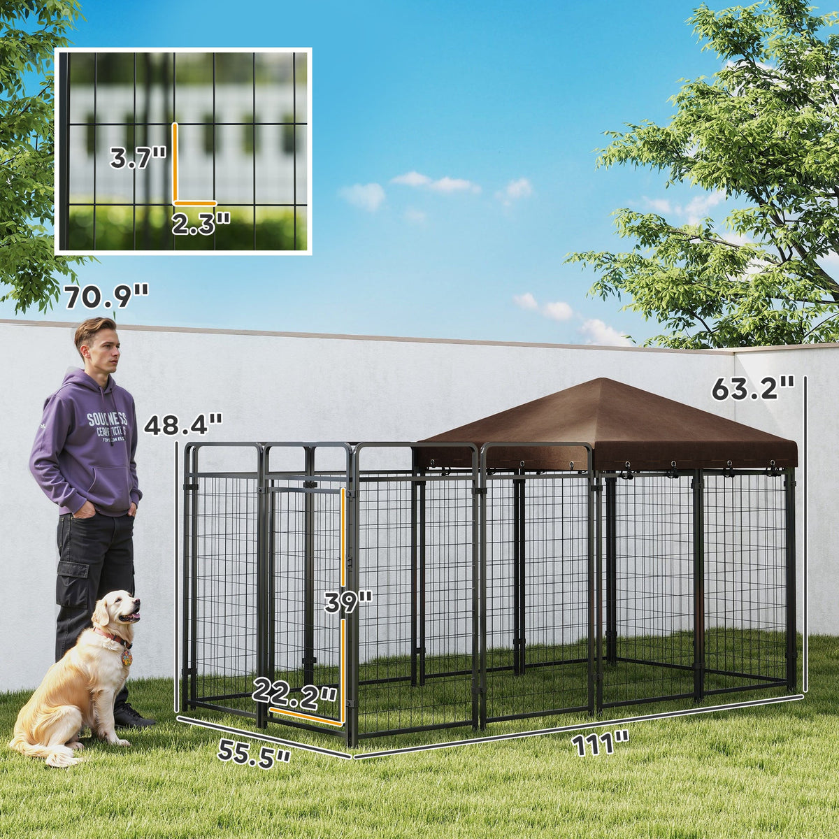Dog Kennel Outdoor with Waterproof Canopy, Dog Run with Galvanized Chain Link, Secure Lock