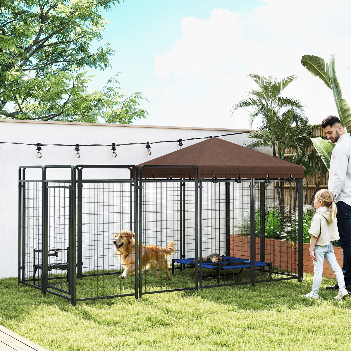 Dog Kennel Outdoor with Waterproof Canopy, Dog Run with Galvanized Chain Link, Secure Lock