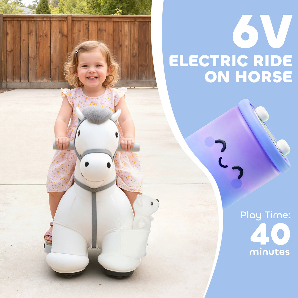 6V Ride On Horse, Battery Powered Ride on Toy, Electric Kids Riding Pony with Bear Toy, Music for Aged 1.5-5 Years
