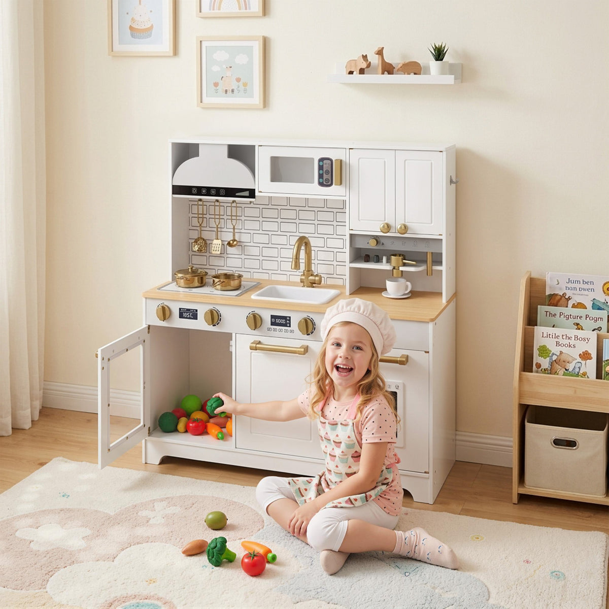 Play Kitchen, Kids Kitchen Playset with Coffee Maker, Ice Maker, Clicking Knobs, Storage, Accessories for 3-8 Years