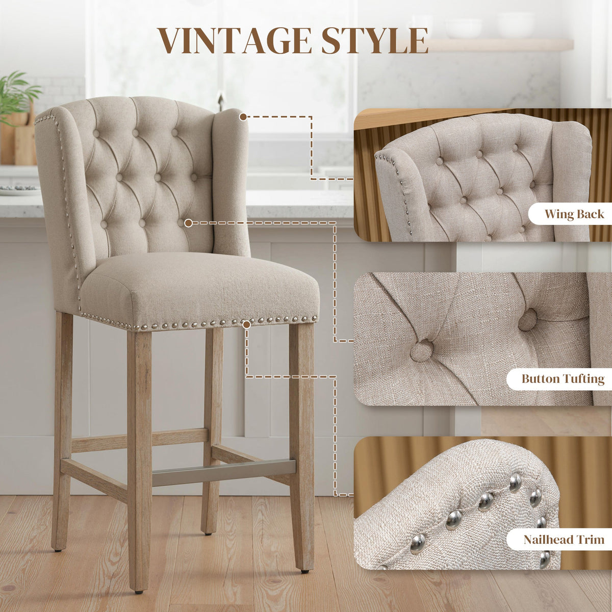 Counter Height Bar Stools Set of 2, 27" Seat Height Upholstered Barstools, Farmhouse Kitchen Island Stools with Nailhead-Trim, Tufted Back and Wooden Legs, Beige