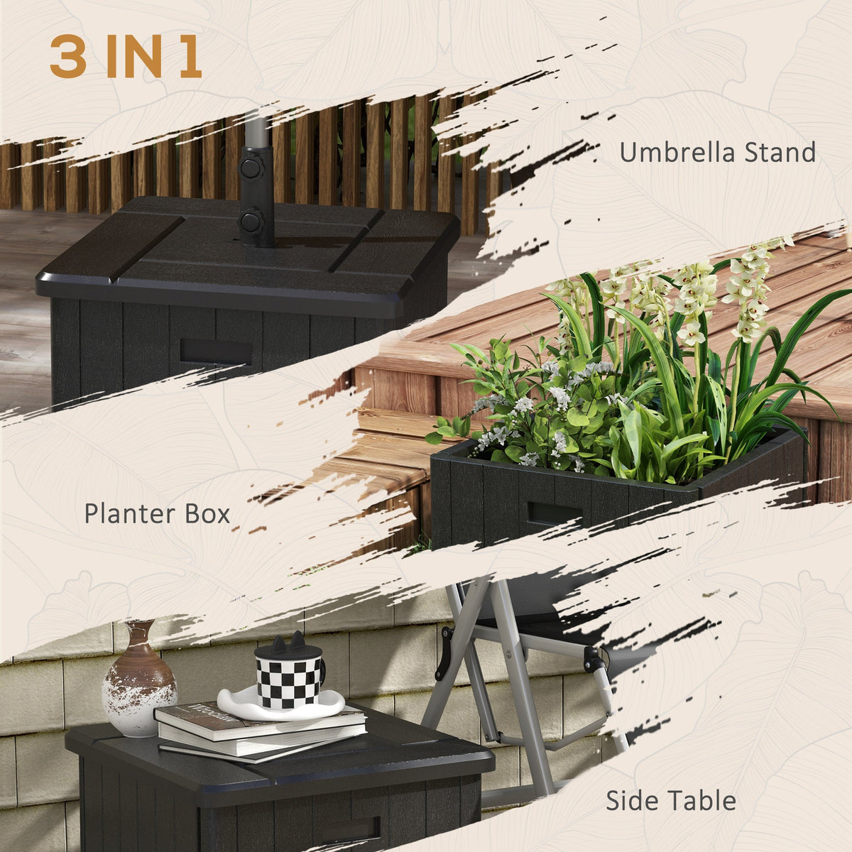 3-in-1 Outdoor Umbrella Base with Wheels and Handles, End Table, Flower Box Planter with Hole, 175 lbs. Capacity, Black