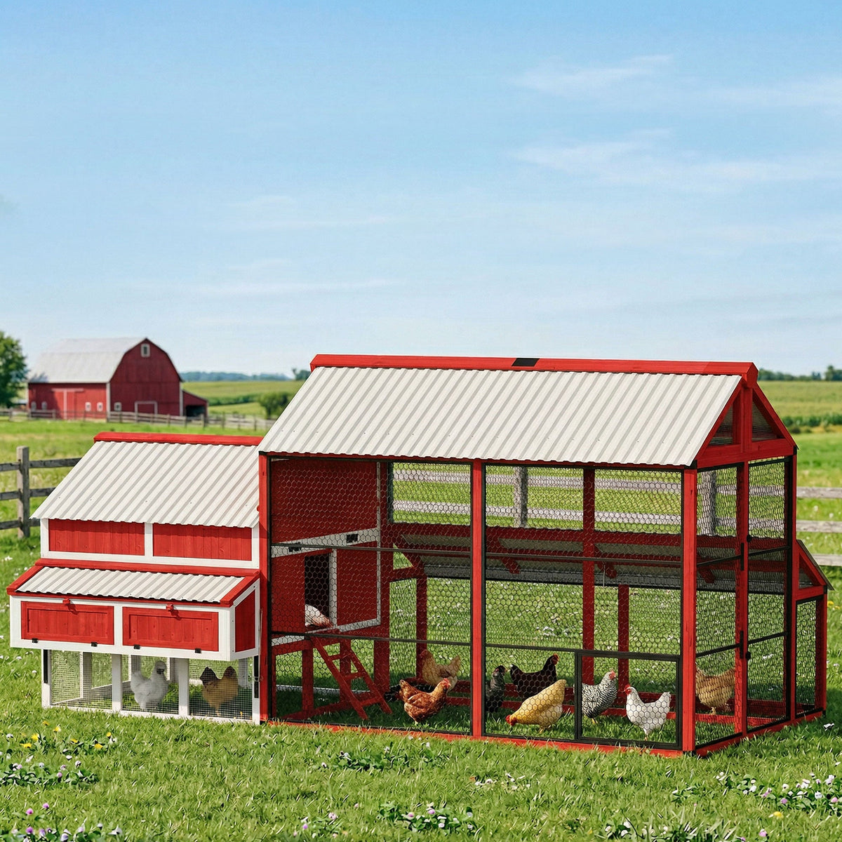 187.3" Large Chicken Coop, Walk-in Wooden Hen House, Outdoor Poultry Cage with Run, Weatherproof Roof, Nesting Box
