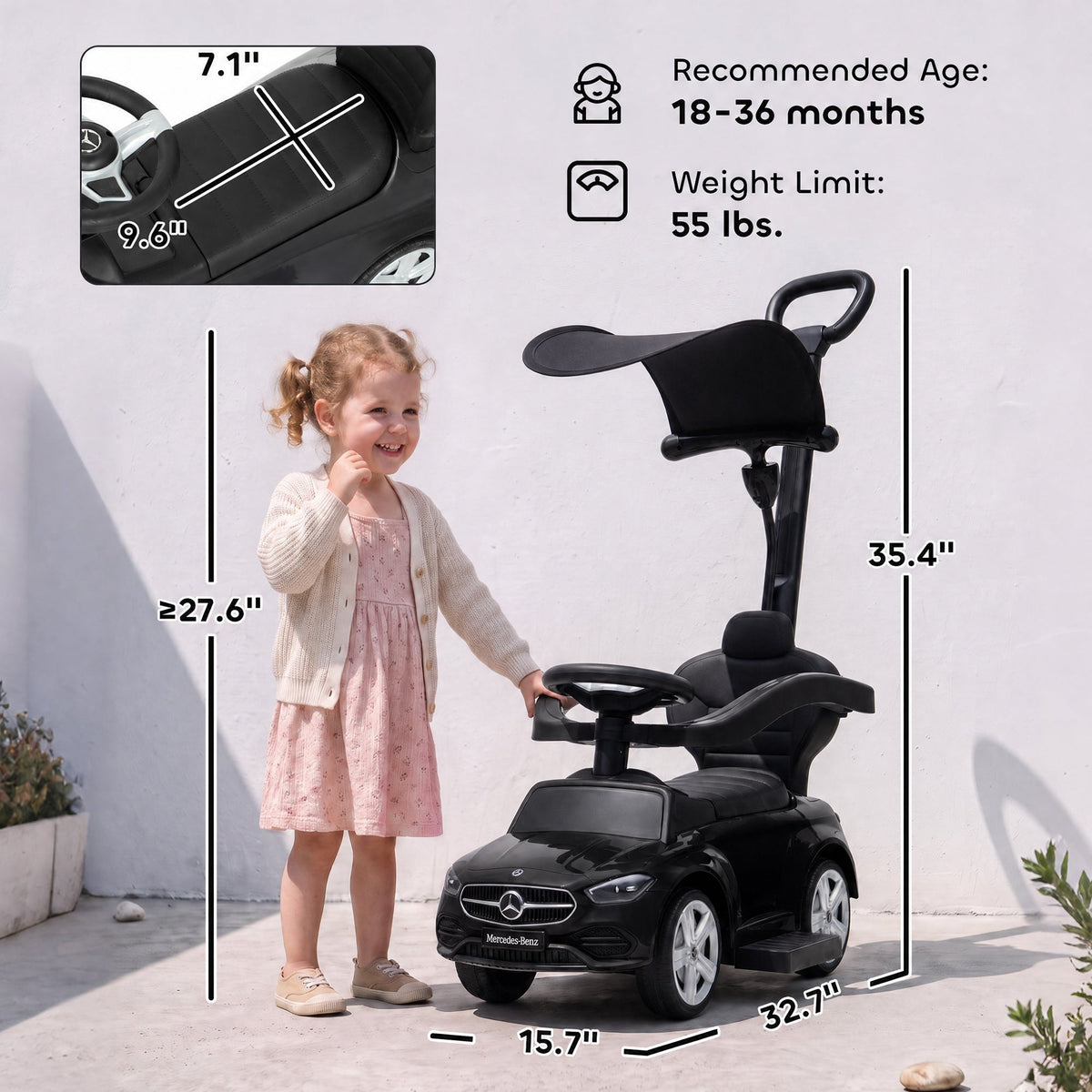 4 in 1 Toddler Push Car Licensed Benz with Push Handle, Guardrails, Canopy, Horn, Music, Storage for 18-36 Months, Black