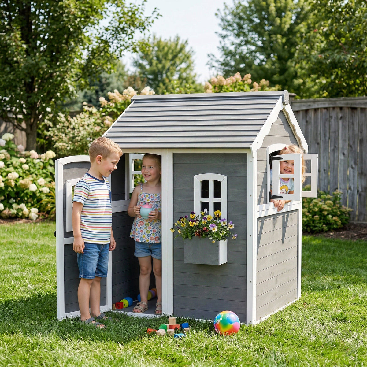 Outdoor Wooden Playhouse for Kids with Floor, Door, Windows, Planter Box for 3-8 Years Old, Backyard, Lawn, Garden