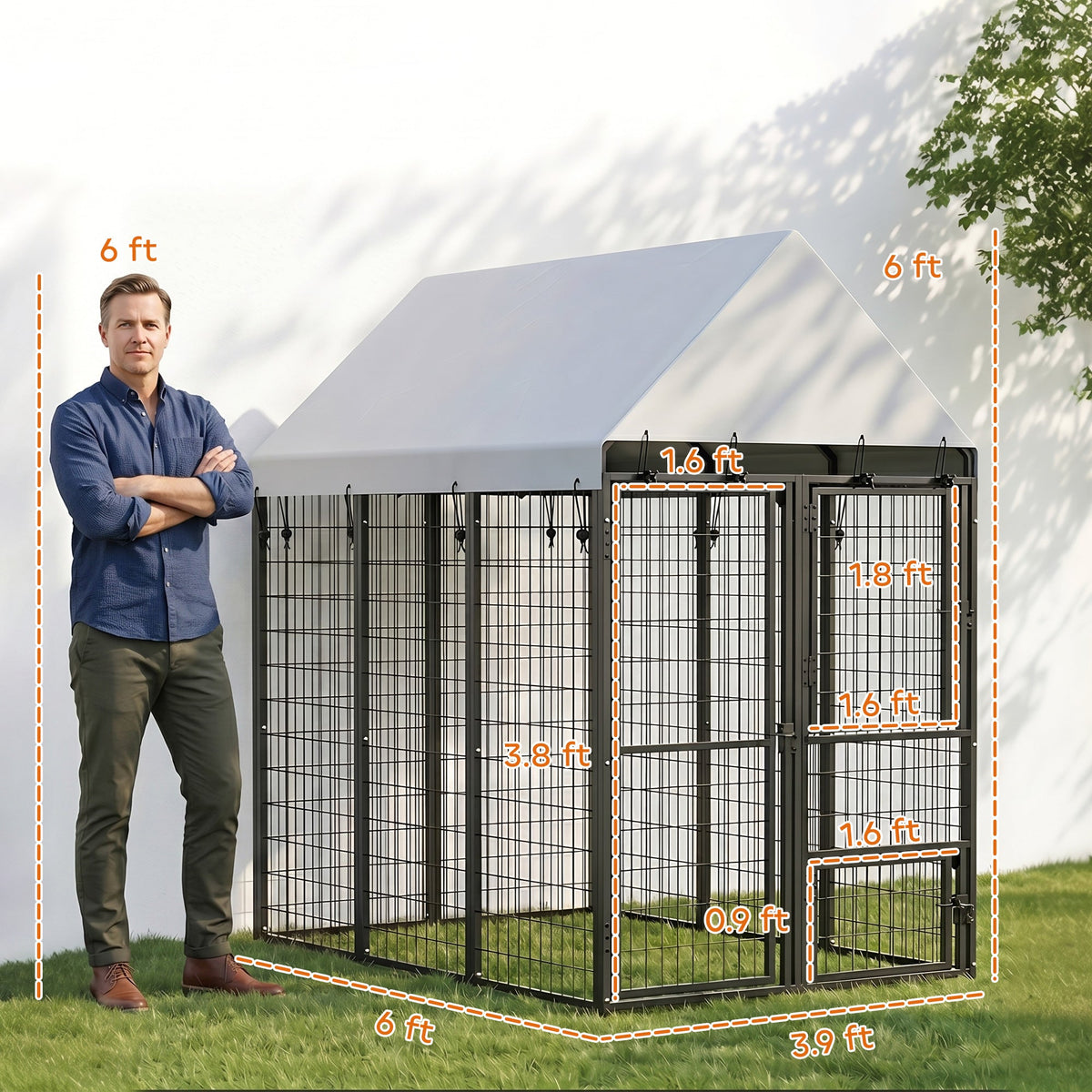 Large Dog Kennel Outdoor with Roof, 3 Doors, Expandable Heavy Duty Dog Kennel Dog Run for All Breed Sizes, 6' x 4' x 6'