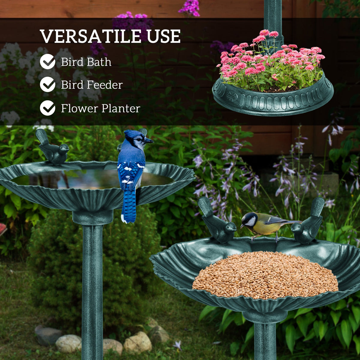32" Antique Bird Bath Decorative Birdbath Bird Feeder Bowl with Planter Pedestal and Bird Statues, Verdigris