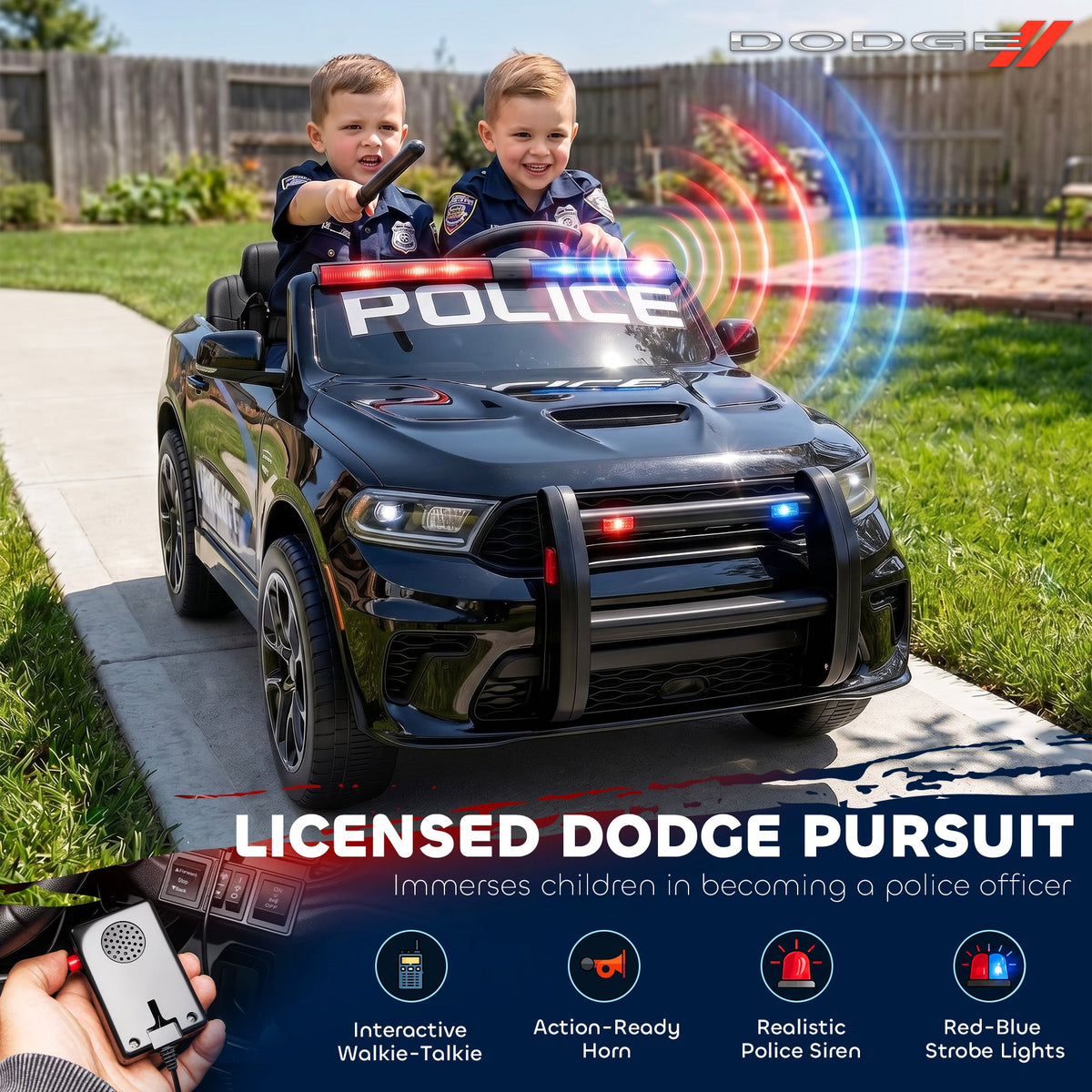 Licensed Dodge Ride On Police Car for Kids with 2 Seater, Remote, Suspension, Flashing Lights, Siren for Ages 3-6, Black