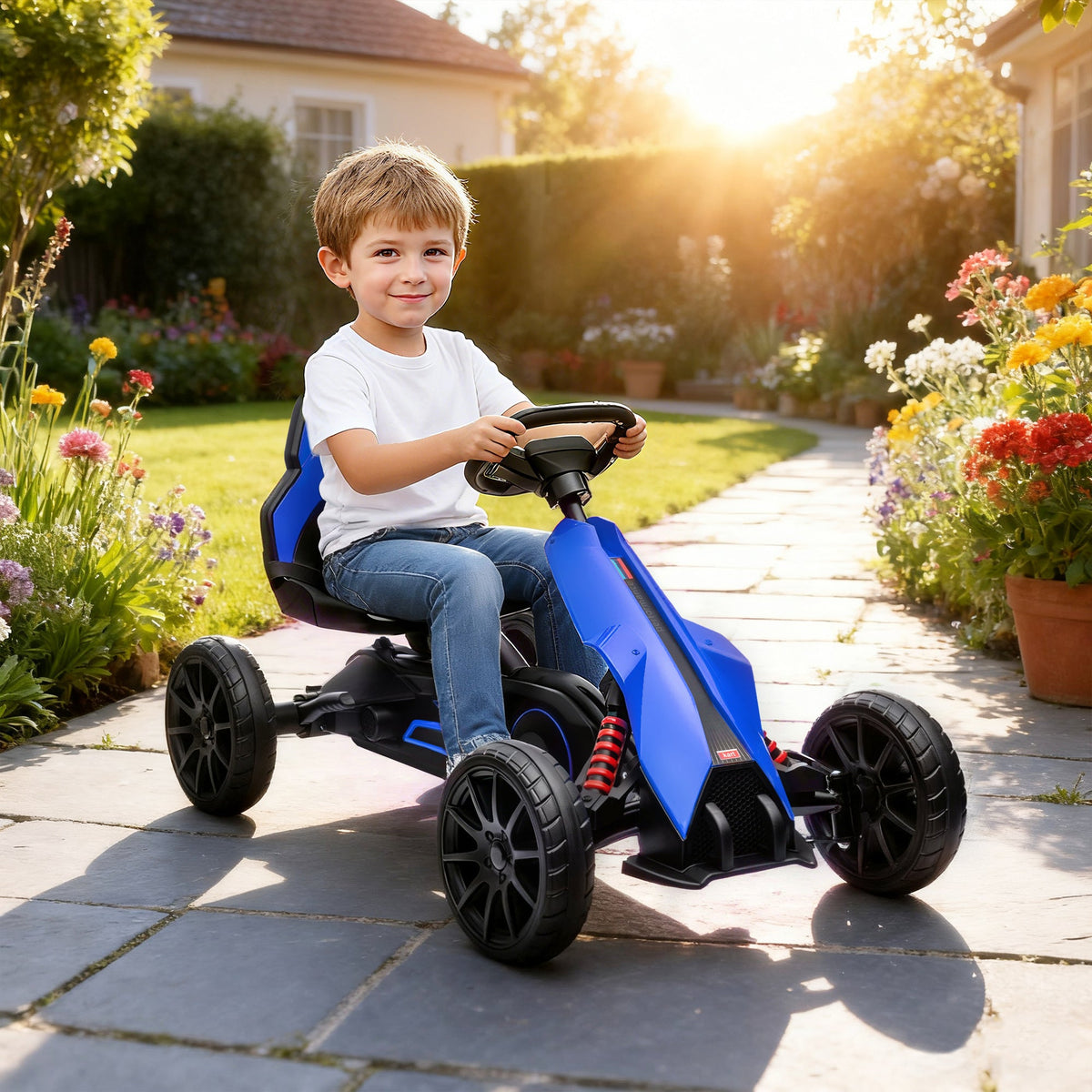 Kids Pedal Go Kart W/ Adjustable Seat, Swing Axle, Blue