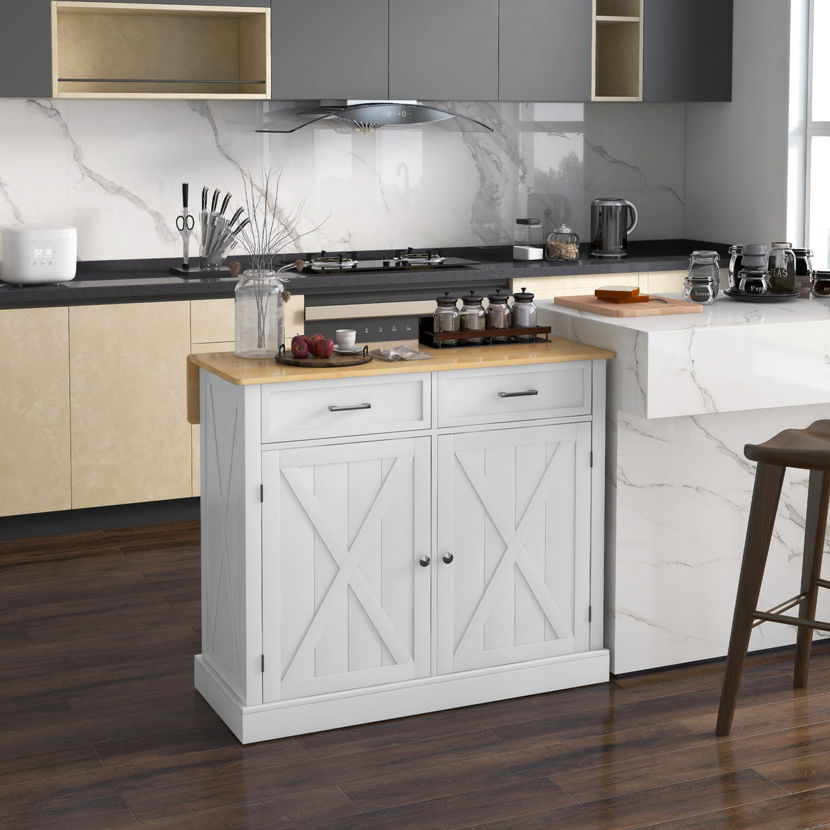 Rolling Kitchen Island with Drop Leaf Wood Breakfast Bar, Farmhouse Kitchen Cart with 2 Drawers, White