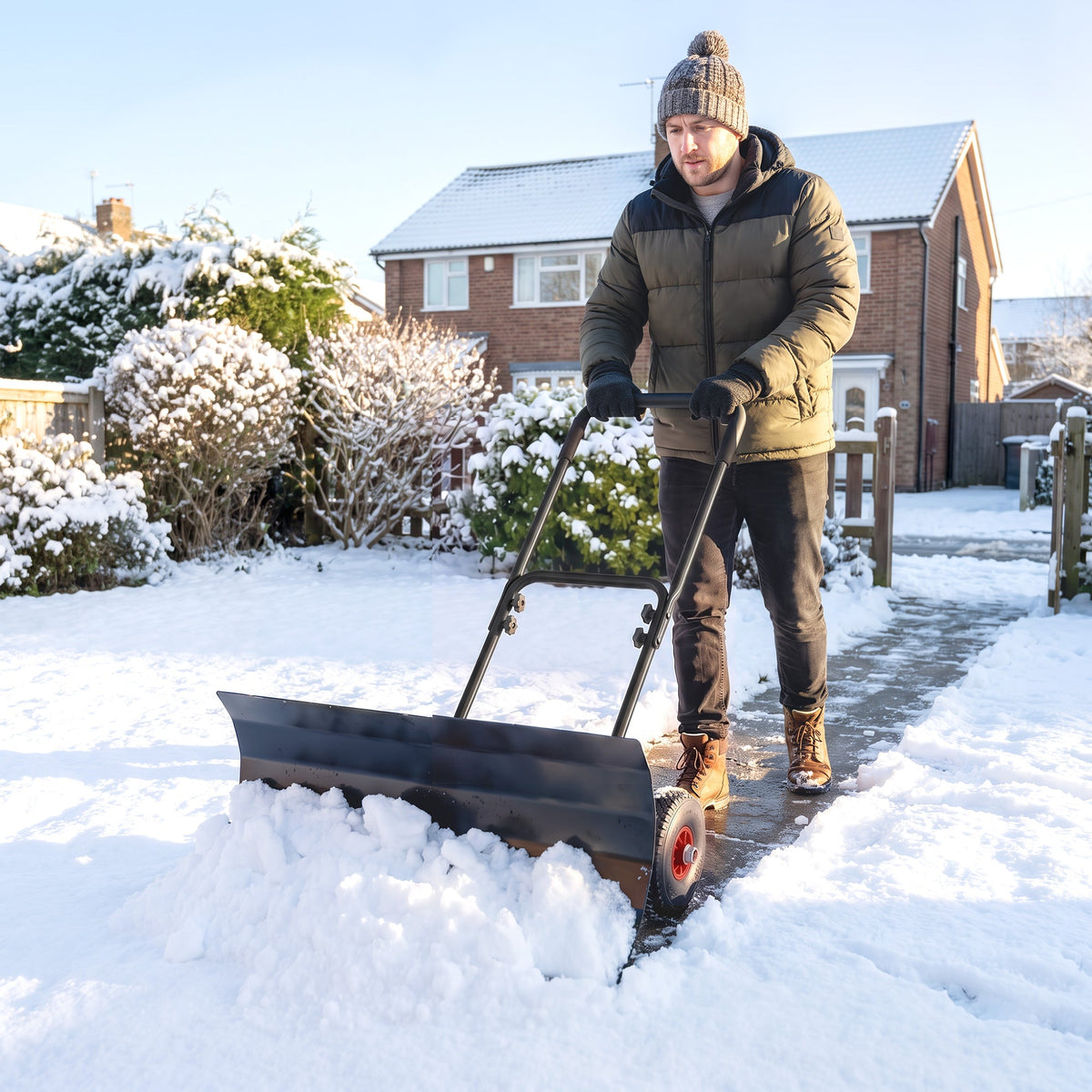 Snow Shovel with Wheels, 29" x 16.5" Metal Snow Pusher with Adjustable Handle, 5-Angle Blade for Driveway, Black