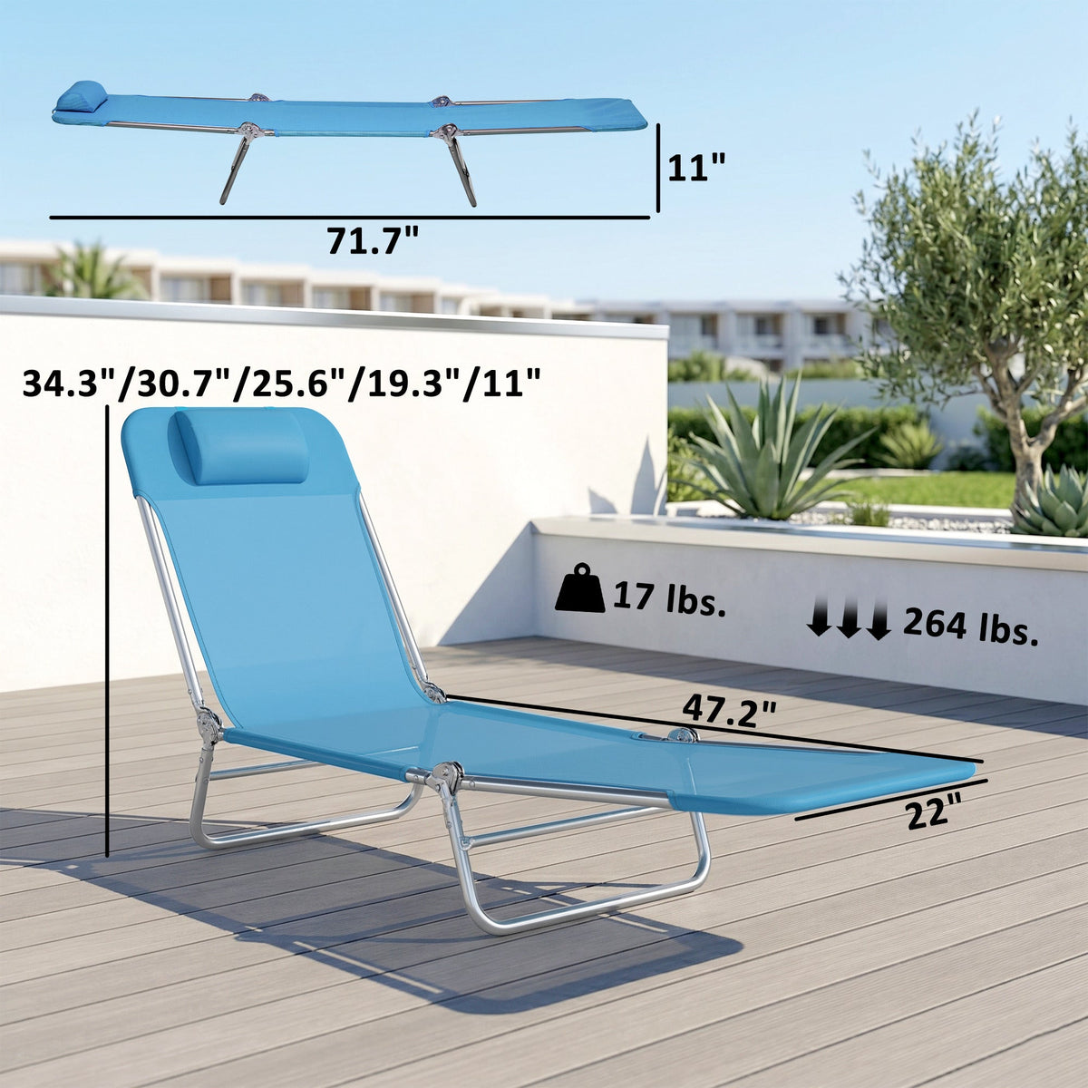 2 Piece Folding Chaise Lounge Chairs, Pool Sun Tanning Chairs with Reclining Back, Breathable Mesh Seat, Headrest, Blue