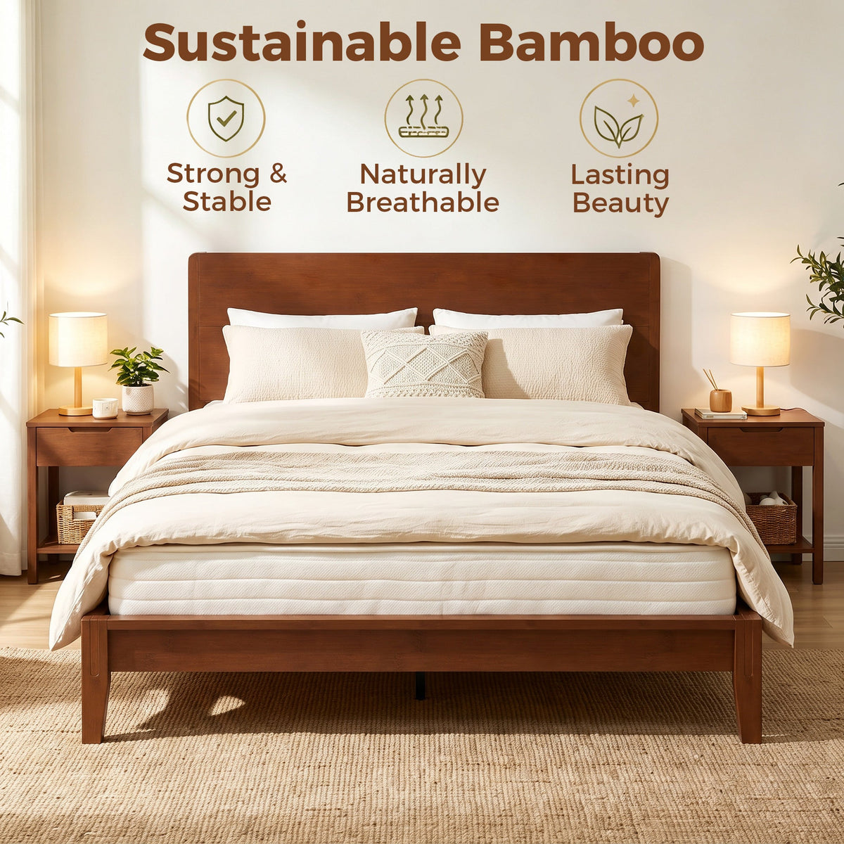 Queen Size Bamboo Platform Bed Frame with Headboard and 12 Poplar Slats, No Box Spring Needed, Easy Assembly, Brown