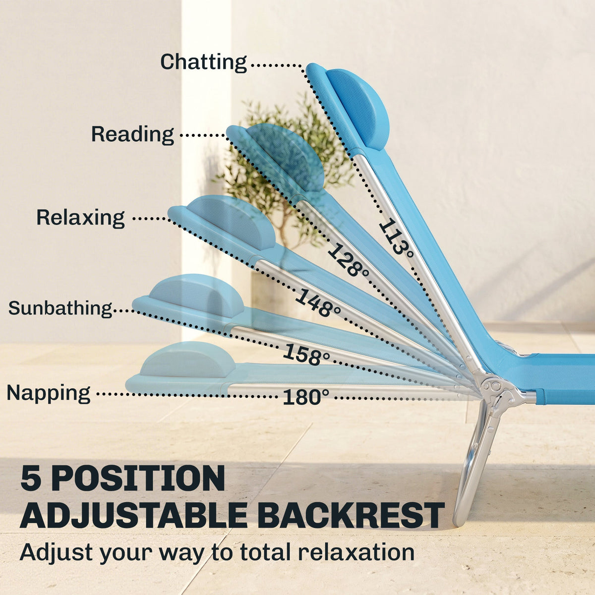 2 Piece Folding Chaise Lounge Chairs, Pool Sun Tanning Chairs with Reclining Back, Breathable Mesh Seat, Headrest, Blue