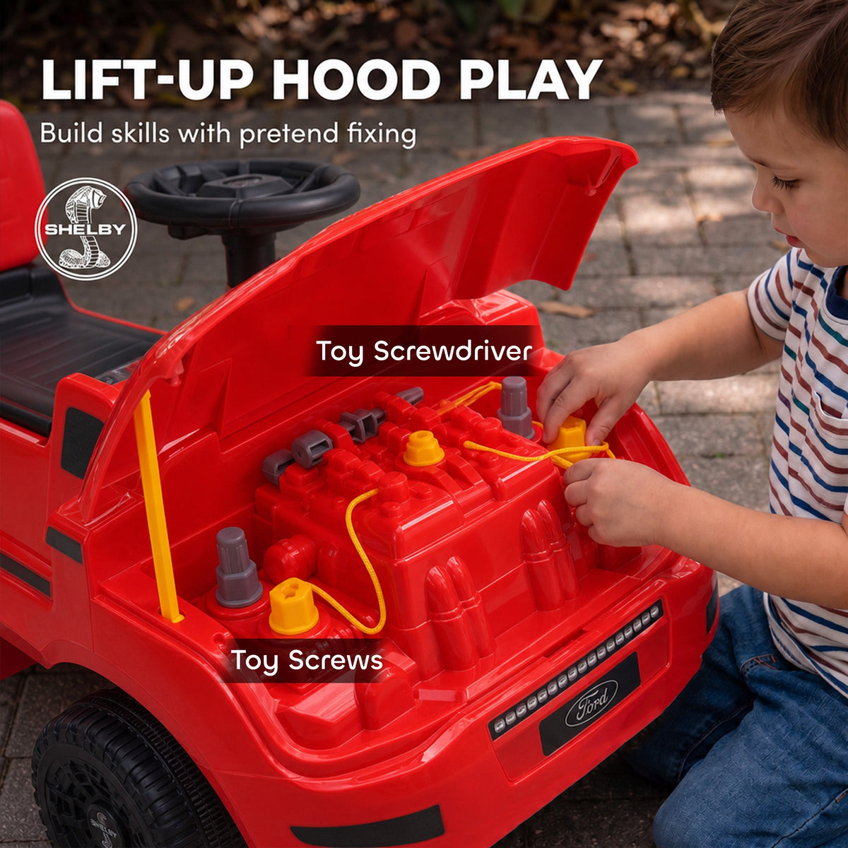 3-in-1 Push Car for 1-3, Licensed FORD Shelby Sliding Walking Car with Parent Handle, Canopy, Guardrail, Storage, Red