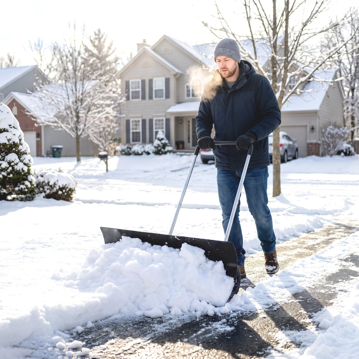 37-Inch Extra Wide Snow Shovel with Wheels, Heavy Duty Aluminum Snow Pusher with Ergonomic Adjustable Handle, Black