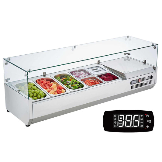 Refrigerated Condiment Prep Station, 140 W Countertop Refrigerated Condiment Station, with 3 1/3 Pans & 4 1/6 Pans, 304 Stainless Body and PC Lid, Sandwich Prep Table with Glass Guard, ETL