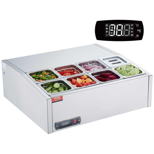 Refrigerated Condiment Prep Station, 140 W Countertop Refrigerated Condiment Station, with 8 1/6 Pans, 304 Stainless Body and PC Lid, Sandwich Prep Table with Stainless Steel Guard, ETL