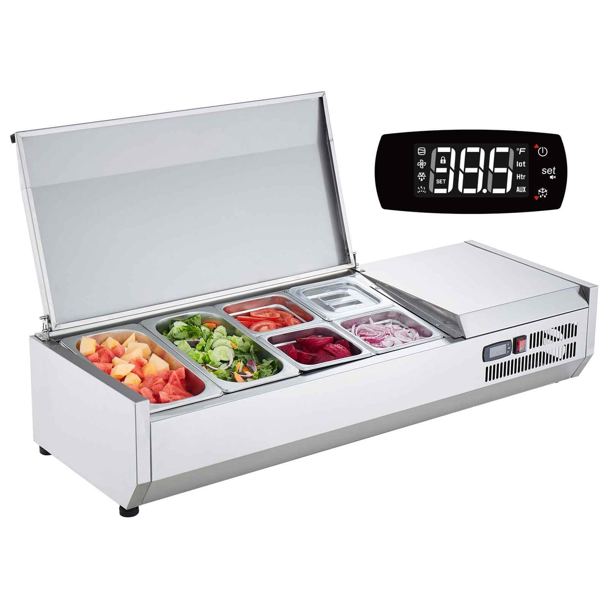 Refrigerated Condiment Prep Station, 135 W Countertop Refrigerated Condiment Station, with 2 1/3 Pans & 4 1/6 Pans, 304 Stainless Body and PC Lid, Sandwich Prep Table with Stainless Guard, ETL