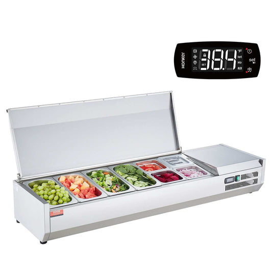 Refrigerated Condiment Prep Station, 150 W Countertop Refrigerated Condiment Station, with 4 1/3 Pans & 4 1/6 Pans, 304 Stainless Body and PC Lid, Sandwich Prep Table with Stainless Guard, ETL