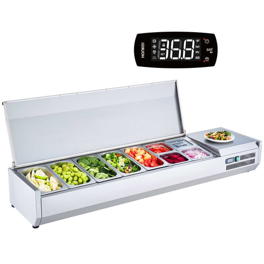Refrigerated Condiment Prep Station, 160 W Countertop Refrigerated Condiment Station, with 5 1/3 Pans & 4 1/6 Pans, 304 Stainless Body and PC Lid, Sandwich Prep Table with Stainless Guard, ETL