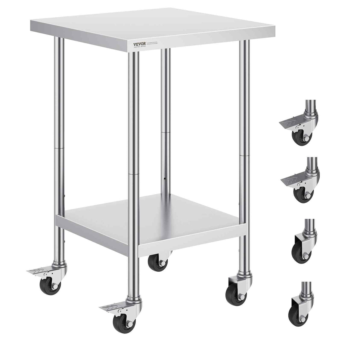 Stainless Steel Work Table 24 x 24 x 38 Inch, 700 LBS Load Capacity with 4 Wheels, 3 Adjustable Height Levels, Heavy Duty Food Prep Worktable for Commercial Kitchen Restaurant, Silver