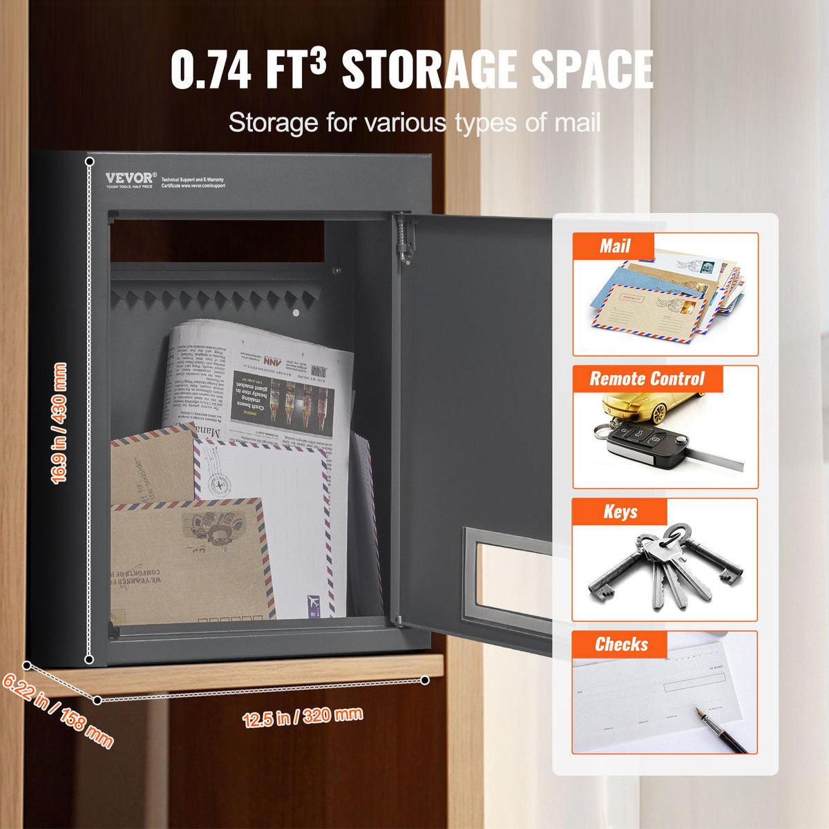Through The Wall Drop Box, Heavy Duty Steel Through The Wall Mailbox with 2.8-7.9" 13" Combination Lock, 12.5x6.3x16.9 Mail Drop Box, Dark Gray