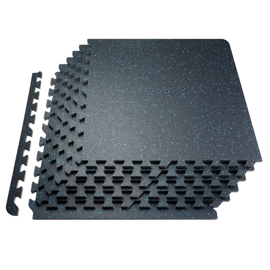0.56 Inch Thick Gym Floor Mats, 12 Tiles Rubber Top with EVA Foam, 25" x 25" Gym Flooring Workout Mats with 48 sq.ft Coverage, Interlocking Puzzle Gym Mats for Gym, Home, Garage, Black & Blue