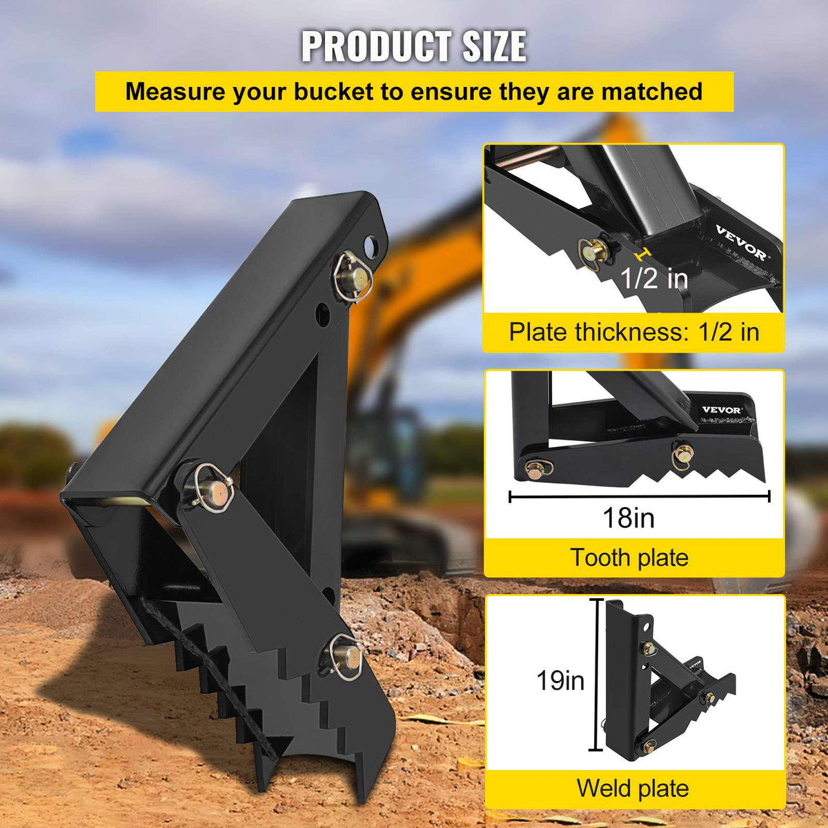 18\" Backhoe Thumb, 1/2\" Teeth Thickness Heavy Duty Excavator Thumb, Black Steel Weld On Thumb Attachments with 12mm Bolt-On Design Adjustable Mechanical Thumb for Backhoe/Excavator