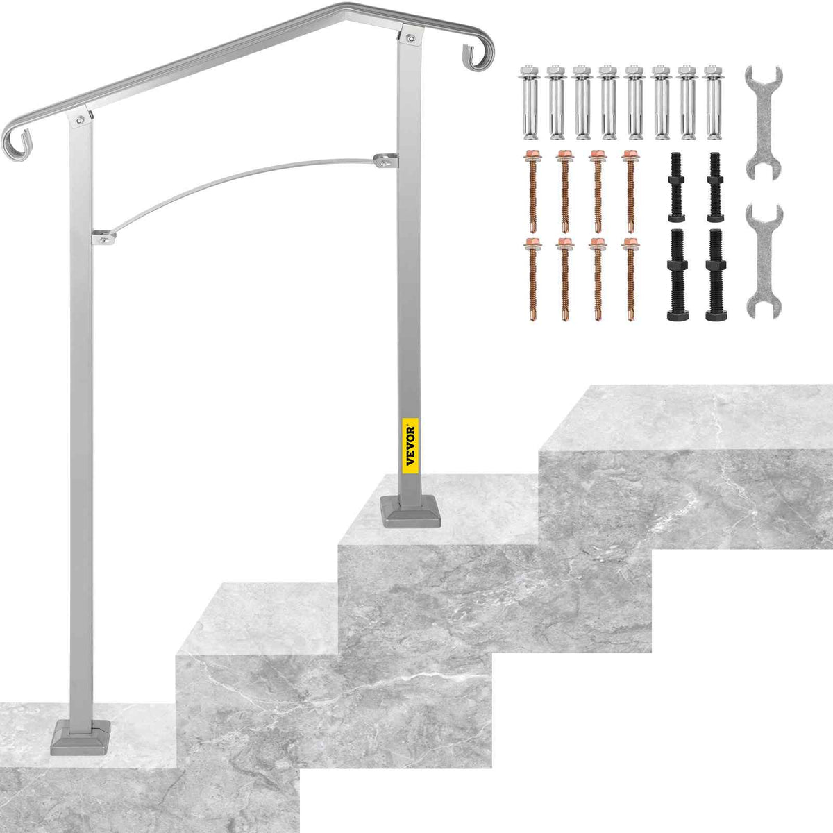 Outdoor Stair Railing, Fit 2 or 3 Steps Alloy Metal Handrailing, Front Porch Flexible Transitional Handrail, Arch Step Rail with Installation Kit, for Concrete or Wooden Stairs, Silver