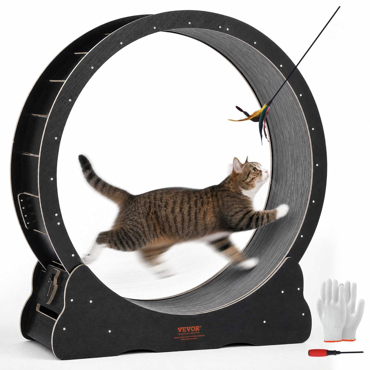 Wooden Cat Exercise Wheel, 43.3" Large Cat Treadmill Wheel for Indoor Cats, Cat Running Wheel with Detachable Carpet & Cat Teaser for Running/Walking/Training, Suitable for Most Cats Black