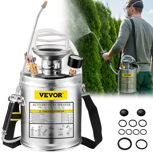 1 Gallon Stainless Steel Sprayer, 12" Wand & 3FT Reinforced Hose, Hand Pump Sprayer with Pressure Gauge, Safety Valve & Adjustable Nozzle, Garden Weed Sprayer for Lawn, Gardening, Sanitizing