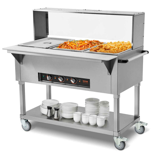 3-Pan Commercial Food Warmer, 3 x 20.6QT Electric Steam Table, 1500W Professional Buffet Catering Food Warmer with Acrylic Sneeze Guard, Food Grade Stainless Steel Server for Party Restaurant