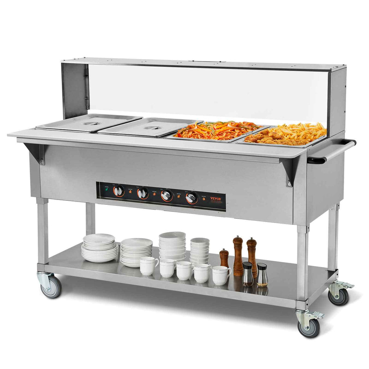 4-Pan Commercial Food Warmer, 4 x 20.6QT Electric Steam Table, 2000W Professional Buffet Catering Food Warmer with Acrylic Sneeze Guard, Food Grade Stainless Steel Server for Party Restaurant