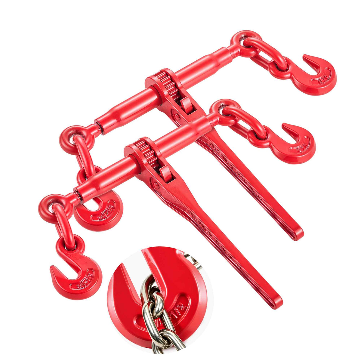 9215LBS 3/8" – 1/2" Ratchet Binders 9,215 LBS Secure Working Load, G70 Hooks and Adjustable Length, for Grade 70-80 Chains, Tie Down, Hauling, Towing, 2-Pack, Red