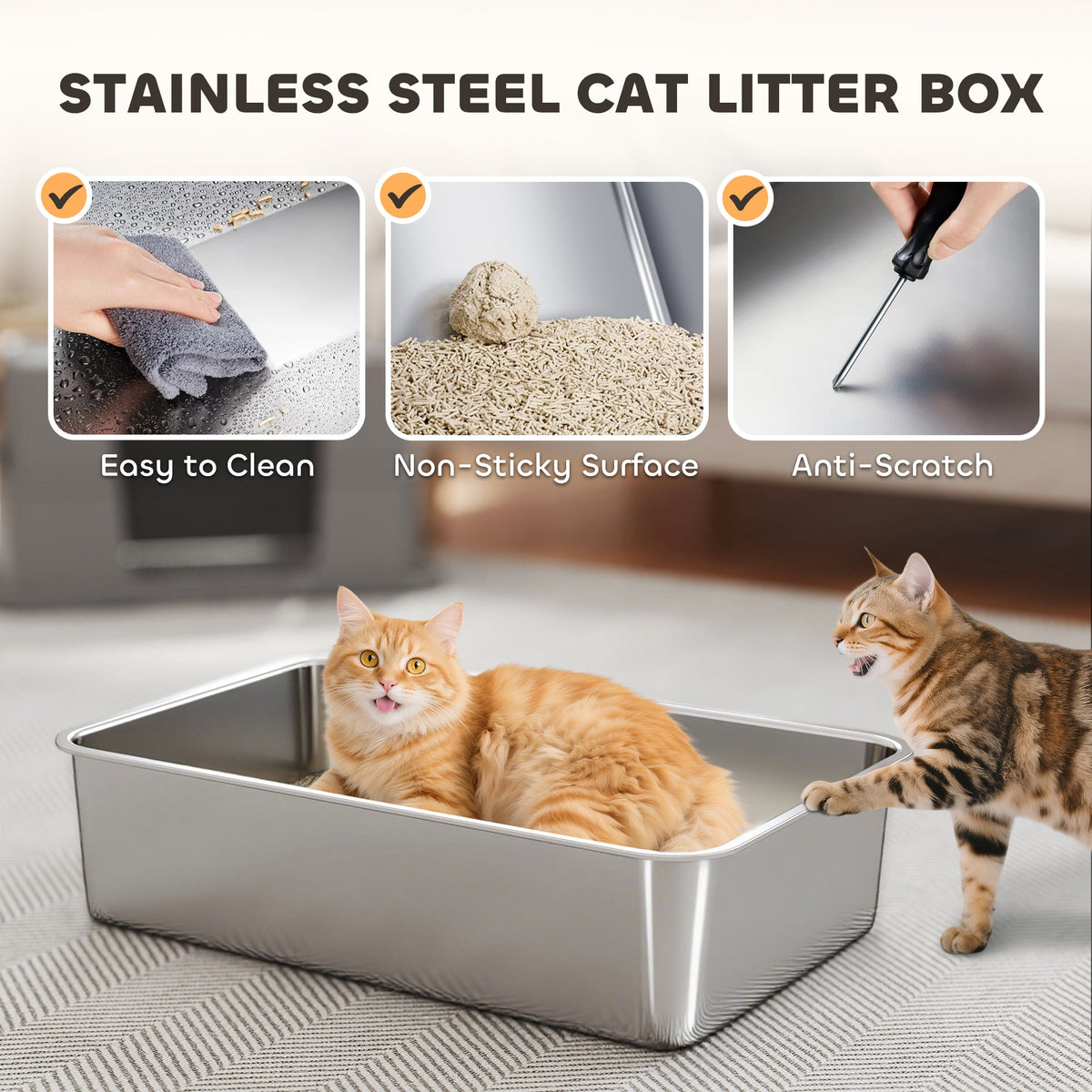 XL Stainless Steel Litter Box w/ 100° Flip Top, Scoop, Top & Side Entry Enclosed Litter Box for Big Cats
