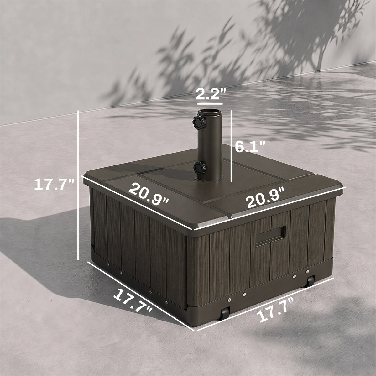 3-in-1 Outdoor Umbrella Base with Wheels and Handles, End Table, Flower Box Planter with Hole, 175 lbs. Capacity, Brown
