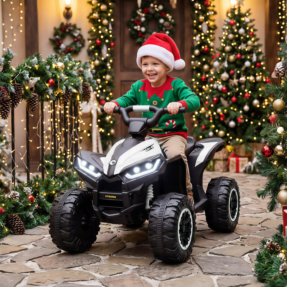 Kids ATV 4 Wheeler, 12V Kids Ride On Toy with Dual Motors, High & Low Speed, Music, Headlights, Up to 3.7 MPH, White
