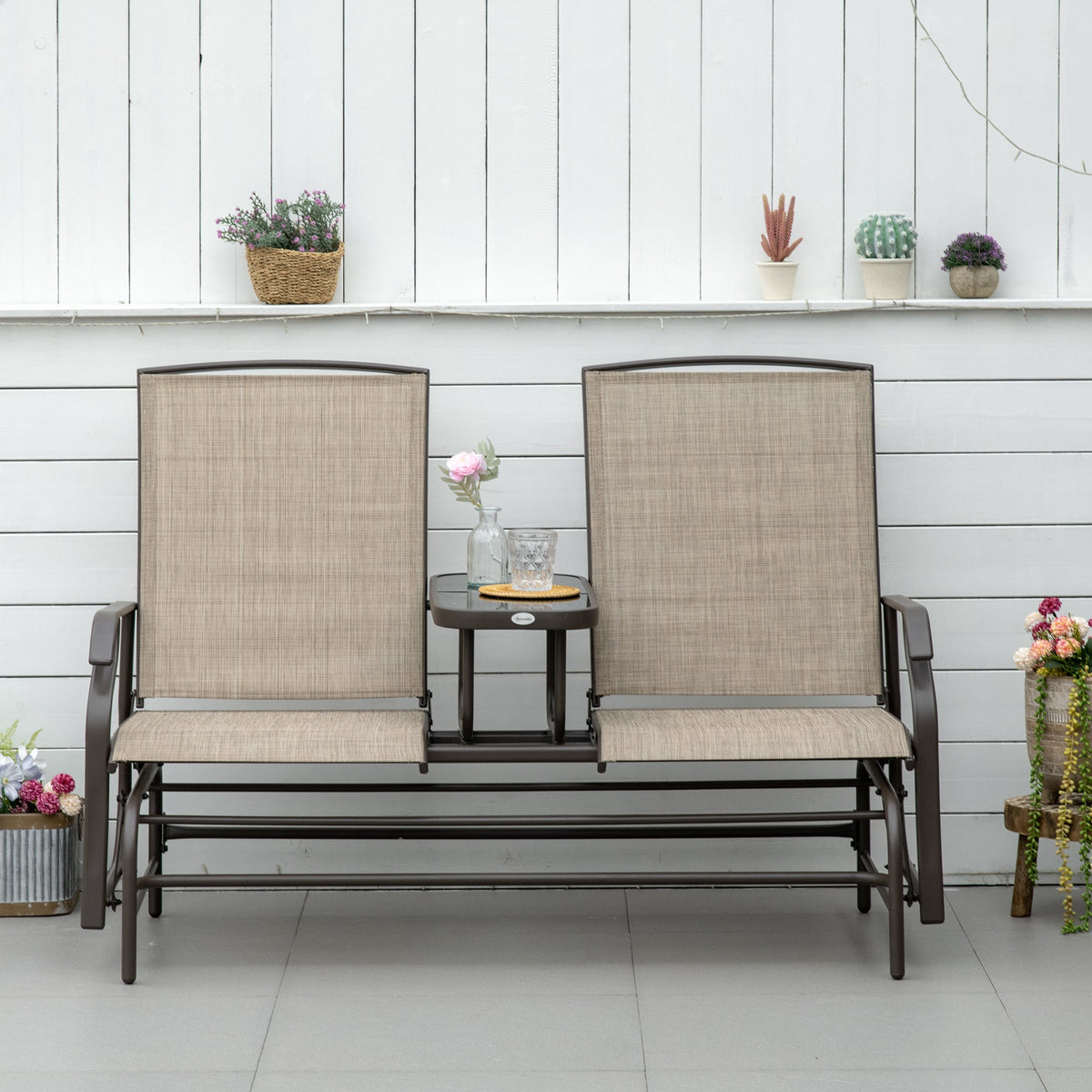 Outdoor Glider Bench with Center Table, Metal Frame Patio Loveseat with Breathable Mesh Fabric and Armrests for Backyard Garden Porch, Brown